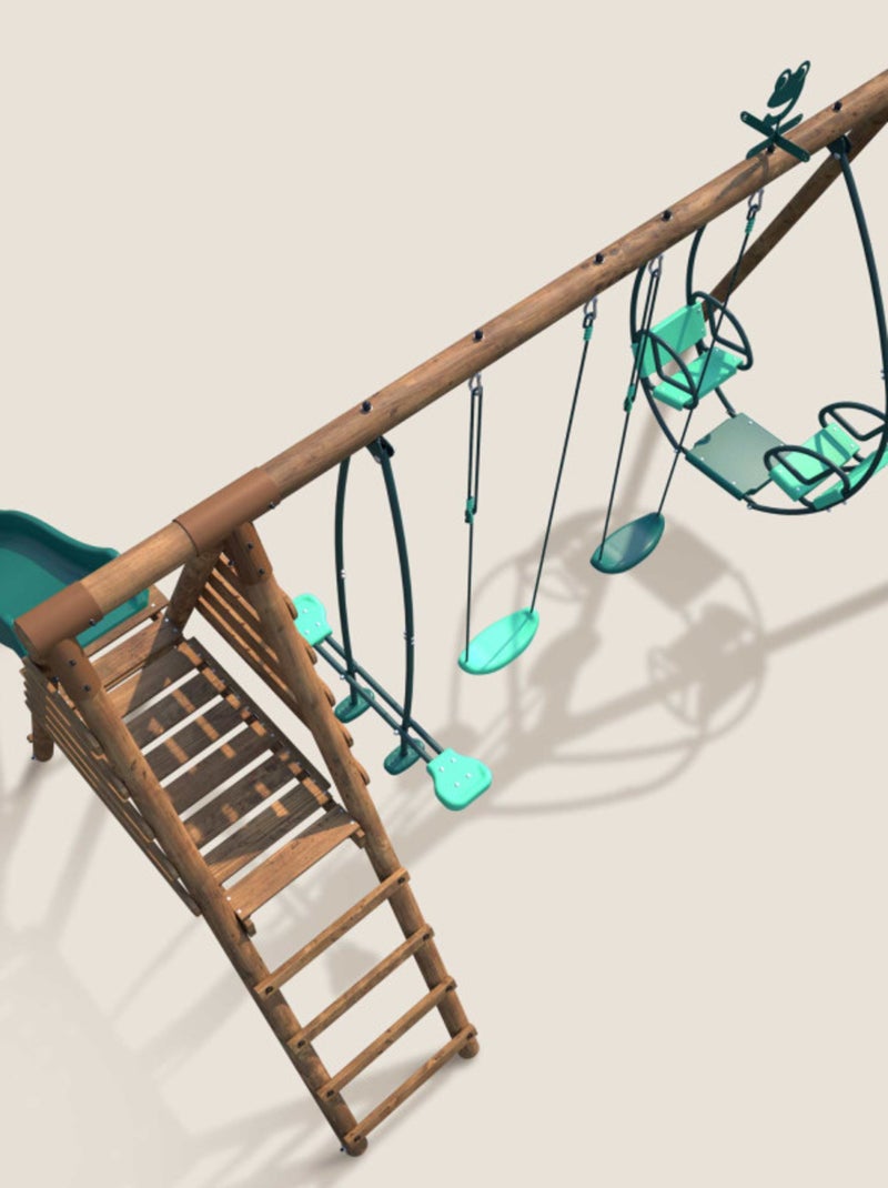 Portique en bois rond 4 agrès avec face à face et toboggan JACINTHE Marron - Kiabi