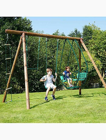 Portique en bois rond 4 agrès avec trapèze, échelle et face à face JULIETTE