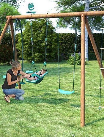 Portique en bois rond 4 agrès balançoire bébé, échelle et face à face SUZON