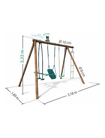 Portique en bois rond 4 agrès balançoire bébé, échelle et face à face SUZON
