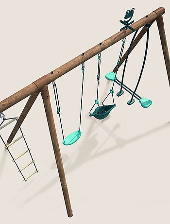 Portique en bois rond 4 agrès balançoire bébé, échelle et face à face SUZON