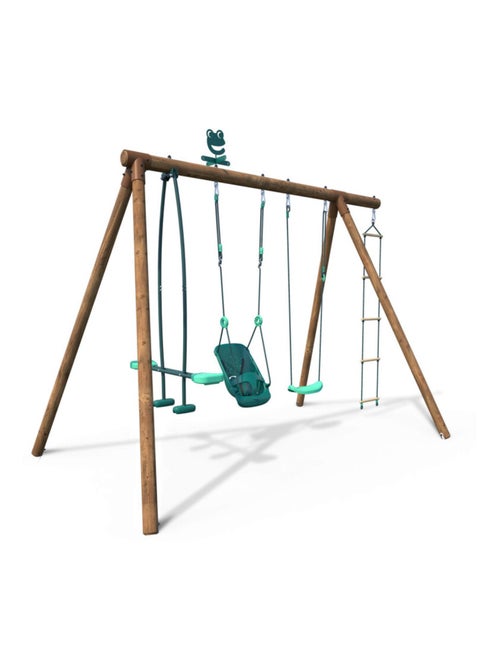 Portique en bois rond 4 agrès balançoire bébé, échelle et face à face SUZON - Kiabi