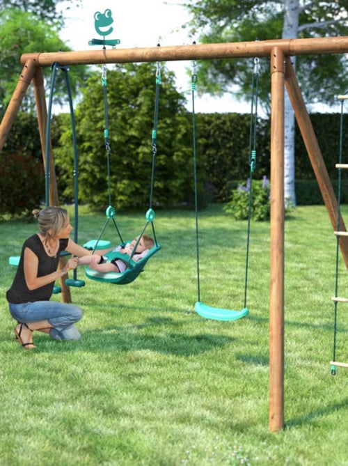Portique en bois rond 4 agrès balançoire bébé, échelle et face à face SUZON - Kiabi