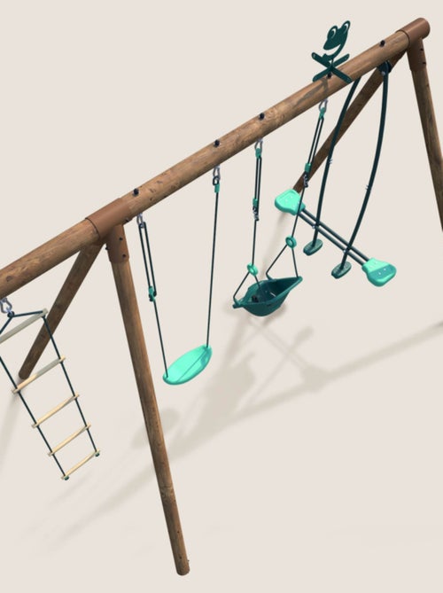 Portique en bois rond 4 agrès balançoire bébé, échelle et face à face SUZON - Kiabi