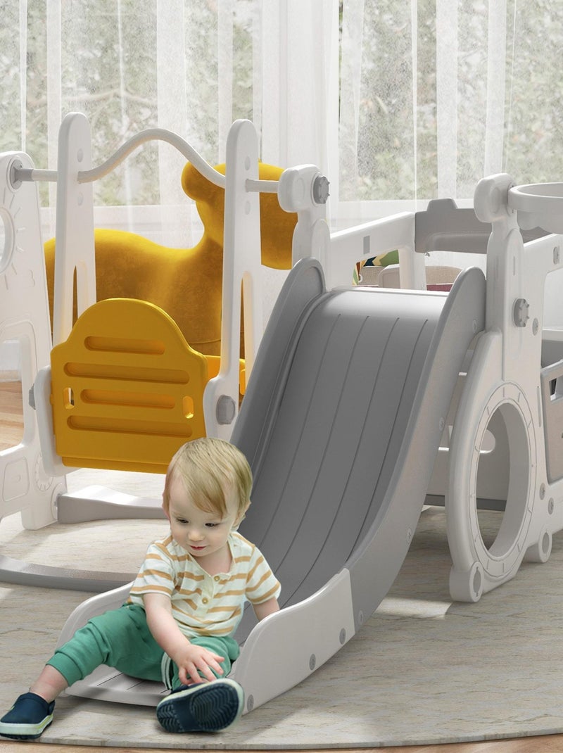 Portique enfant toboggan, balançoire, panier basket-ball, échelle, maisonnette, franchissement Gris - Kiabi
