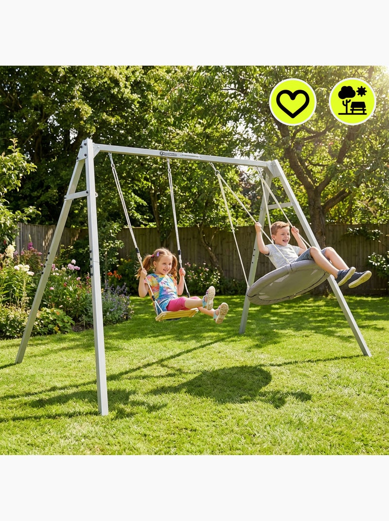 Portique Jardin 4-en-1 HyperMotion - Nid-de-Pie, Balançoire Bois & Hamac Oxford Gris - Kiabi