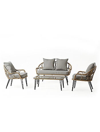 PORTO Salon de jardin 4 places avec table basse effet rotin naturel