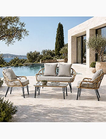 PORTO Salon de jardin 4 places avec table basse effet rotin naturel