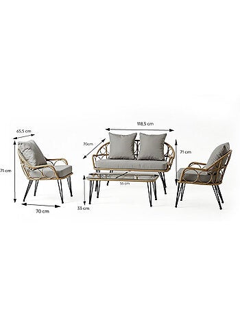 PORTO Salon de jardin 4 places avec table basse effet rotin naturel