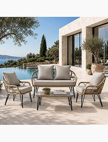PORTO Salon de jardin 4 places avec table basse effet rotin naturel
