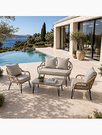 PORTO Salon de jardin 4 places avec table basse effet rotin naturel