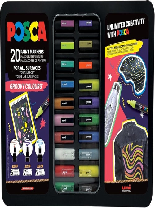 POSCA - Mallette Métal 20 Marqueurs "Groovy Colours" - Pointe Moyenne (PC-5M) - Tons Pastels & Rétro - Kiabi