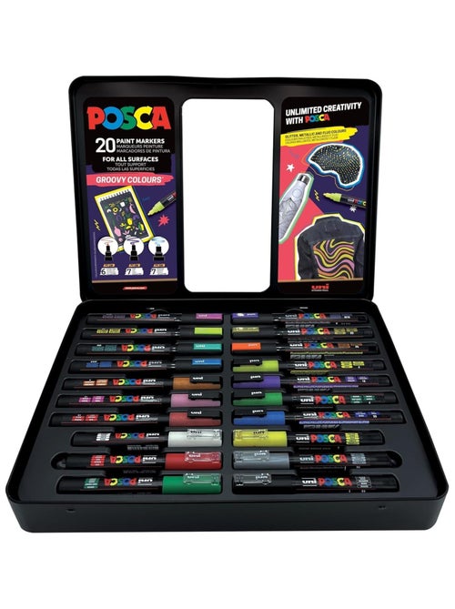POSCA - Mallette Métal 20 Marqueurs "Groovy Colours" - Pointe Moyenne (PC-5M) - Tons Pastels & Rétro - Kiabi