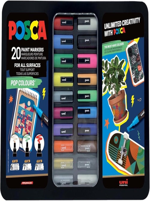 POSCA - Mallette Métal 20 Marqueurs "Pop Colours" - Pointes Multiples (PC-1MC, 3M, 5M) - Tout Suppor - Kiabi
