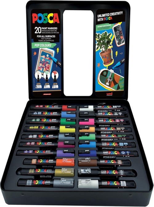 POSCA - Mallette Métal 20 Marqueurs "Pop Colours" - Pointes Multiples (PC-1MC, 3M, 5M) - Tout Suppor - Kiabi