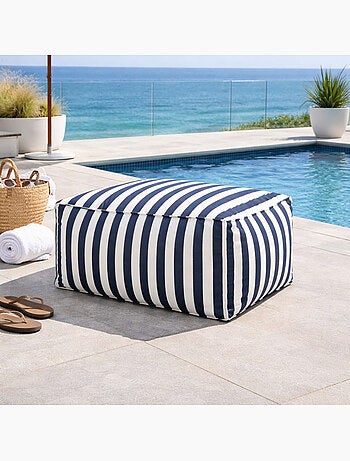 POSITANO - Pouf d’extérieur rayé vert en tissu déperlant - 55x65x35 cm