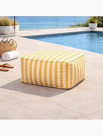 POSITANO - Pouf d’extérieur rayé vert en tissu déperlant - 55x65x35 cm