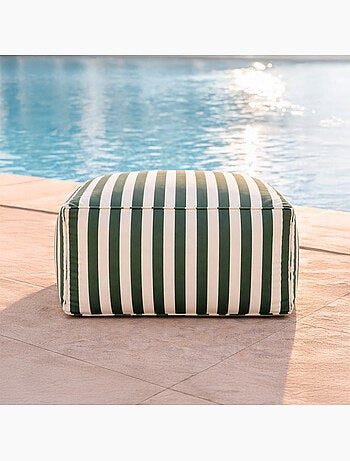 POSITANO - Pouf d’extérieur rayé vert en tissu déperlant - 55x65x35 cm