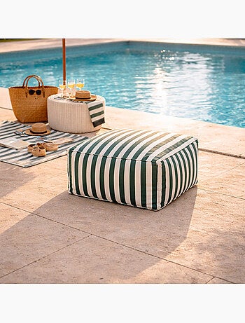 POSITANO Pouf exterieur rayé vert déperlant 55x65x35 cm