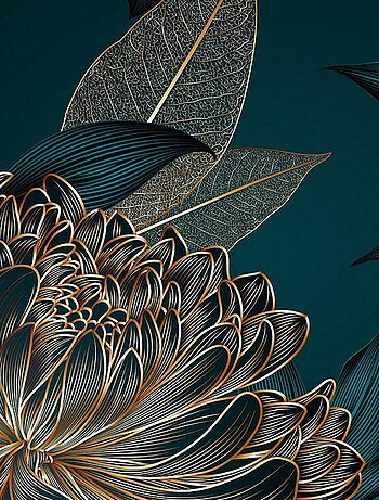 Poster floral motif : Pivoine dorée sur fond bleu nuit - 375 x 270 cm