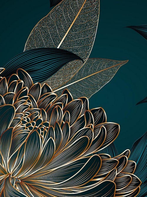 Poster floral motif : Pivoine dorée sur fond bleu nuit - 375 x 270 cm - Kiabi