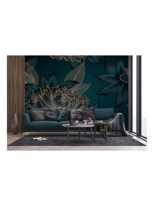 Poster floral motif : Pivoine dorée sur fond bleu nuit - 375 x 270 cm - Kiabi