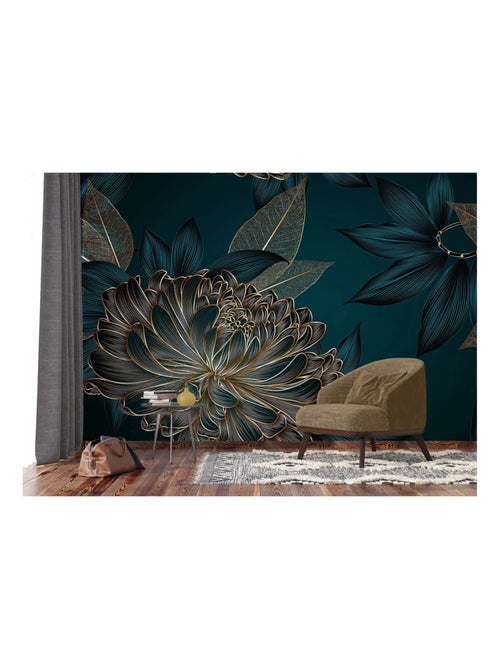 Poster floral motif : Pivoine dorée sur fond bleu nuit - 375 x 270 cm - Kiabi