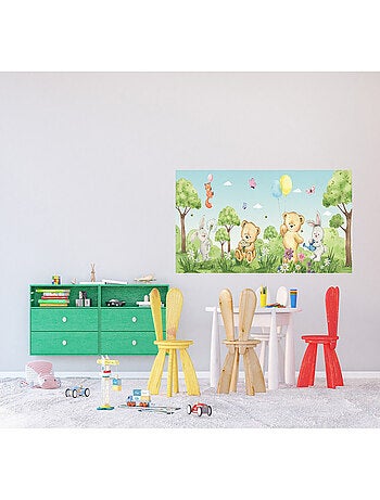 Poster géant horizontal animaux de la foret en couleur - ourson, lapin, renard 170 x 75 CM