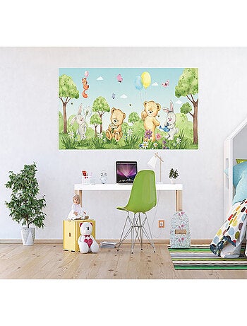 Poster géant horizontal animaux de la foret en couleur - ourson, lapin, renard 170 x 75 CM