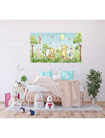 Poster géant horizontal animaux de la foret en couleur - ourson, lapin, renard 170 x 75 CM