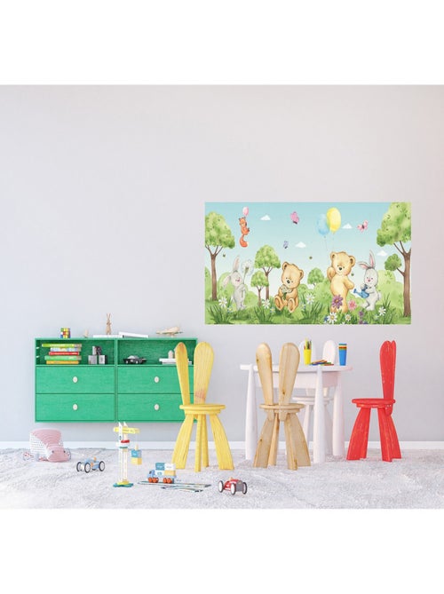 Poster géant horizontal animaux de la foret en couleur - ourson, lapin, renard 170 x 75 CM - Kiabi