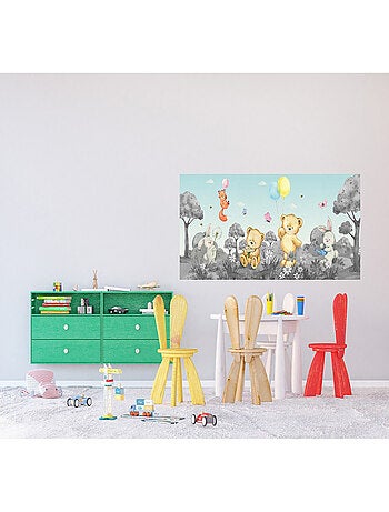 Poster géant horizontal animaux de la foret en noir et blanc - ourson, lapin, renard 170 x 75 CM