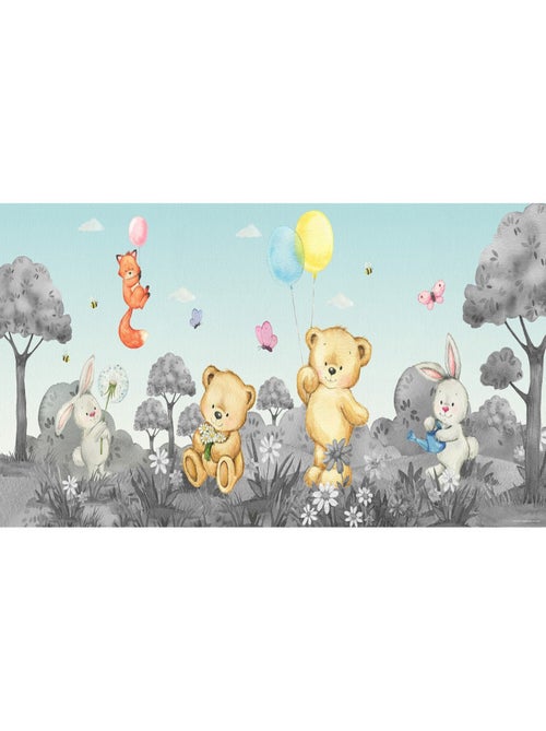 Poster géant horizontal animaux de la foret en noir et blanc - ourson, lapin, renard 170 x 75 CM - Kiabi