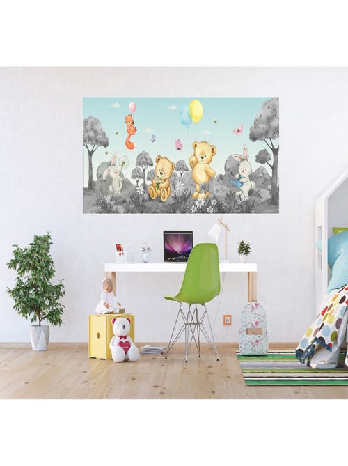 Poster géant horizontal animaux de la foret en noir et blanc - ourson, lapin, renard 170 x 75 CM - Kiabi