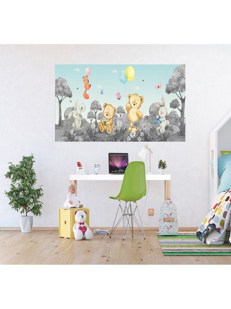 Poster géant horizontal animaux de la foret en noir et blanc - ourson, lapin, renard 170 x 75 CM Multicolore - Kiabi