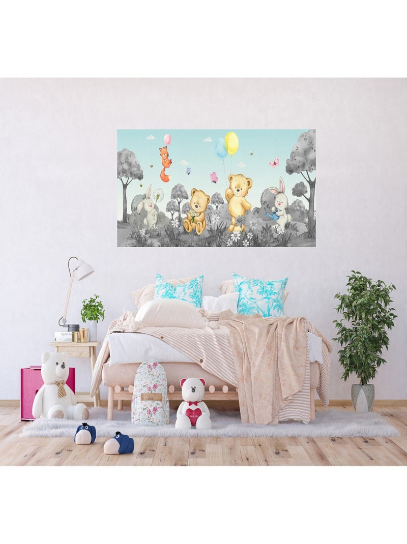 Poster géant horizontal animaux de la foret en noir et blanc - ourson, lapin, renard 170 x 75 CM Multicolore - Kiabi