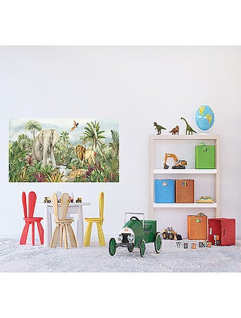 Poster géant horizontal animaux de la jungle en couleur - lion, perroquet, éléphant 170 x 75 CM