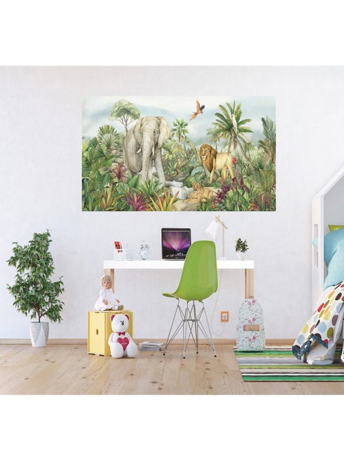 Poster géant horizontal animaux de la jungle en couleur - lion, perroquet, éléphant 170 x 75 CM - Kiabi