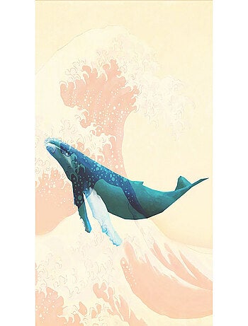 Poster géant intissé Voyage d'une Baleine sur fond vague de kanagawa - 200 x 280 cm