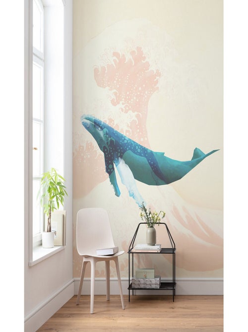 Poster géant intissé Voyage d'une Baleine sur fond vague de kanagawa - 200 x 280 cm - Kiabi