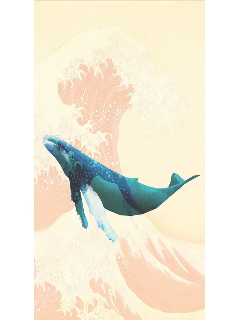 Poster géant intissé Voyage d'une Baleine sur fond vague de kanagawa - 200 x 280 cm Bleu - Kiabi