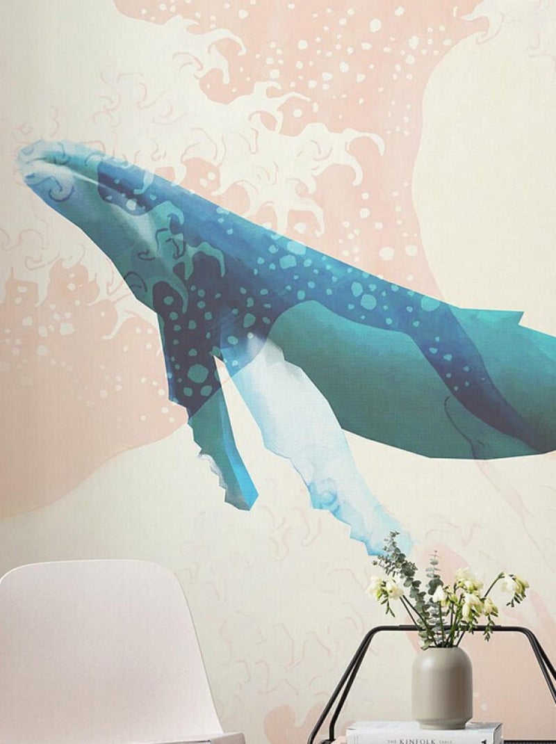Poster géant intissé Voyage d'une Baleine sur fond vague de kanagawa - 200 x 280 cm Bleu - Kiabi