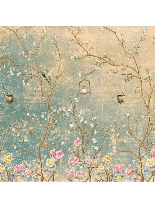 Poster intissé Thème Vintage Garden oiseaux et fleurs roses - 375 x 270 cm - Kiabi