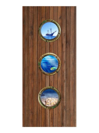 Poster porte 3 hublots marins sur fond bois  90 x 202 cm, 1 lé