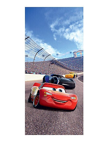 Poster Porte Cars Flash McQueen Cruz Ramirez et Jackson Storm en piste de Disney intisse 90 X 202 CM