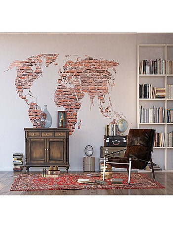 Poster Thème carte du monde en briques rouges - 360 x 270 cm