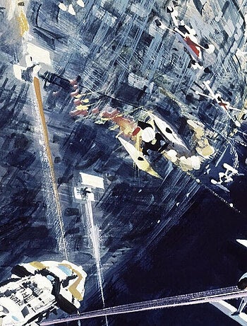 Poster XXL panoramique Dogfight Star Wars bataille de vaisseaux motif aquarelle sur fond bleu 200X27