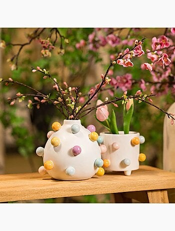 Pot de fleurs à pois multicolores en céramique