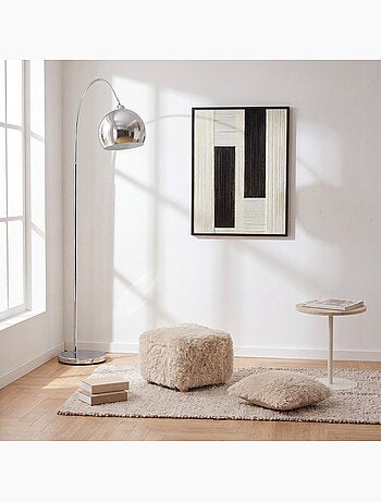 Pouf carré à poils longs avec pieds en pin