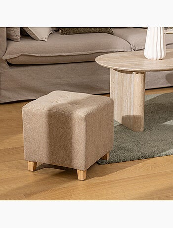 Pouf carré capitonné en tissu piètement pin LEANDRE